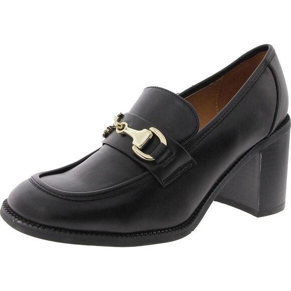 Nine West Womens Koolo 3 Black Faux Leather Slip On Loafer Heels Shoes Used - Picture 1 of 5